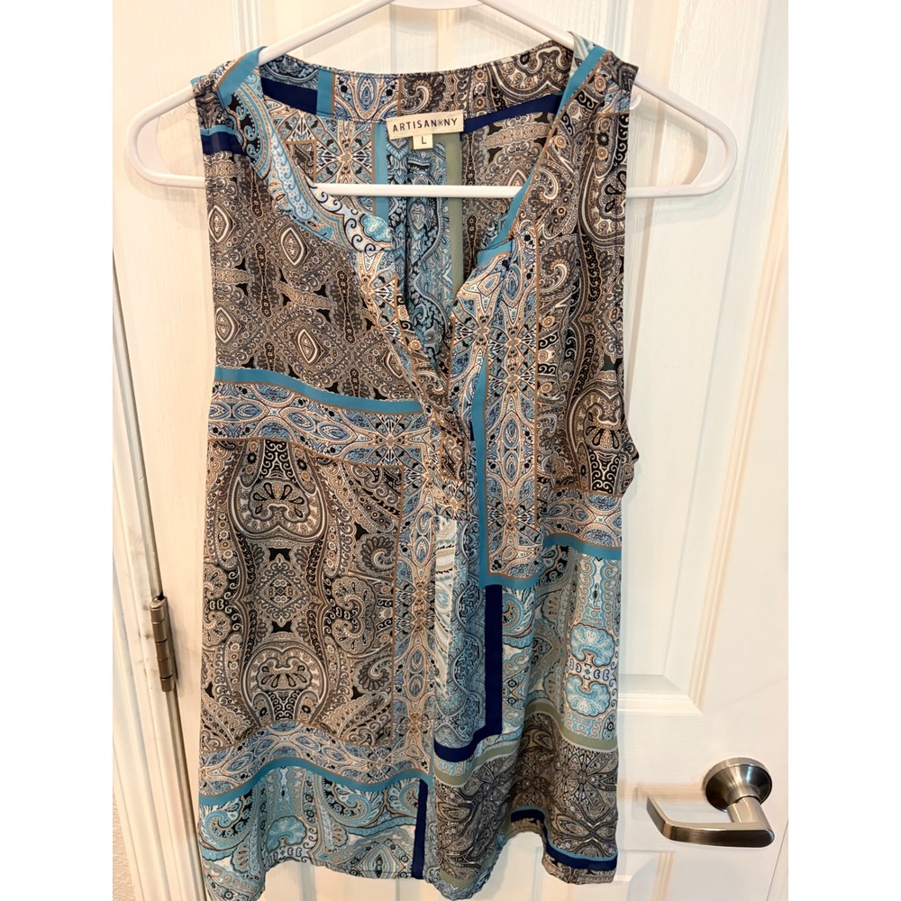 Artisan NY Blouse Blue Paisley Patchwork Sleeveless Split Neck Top Boho L